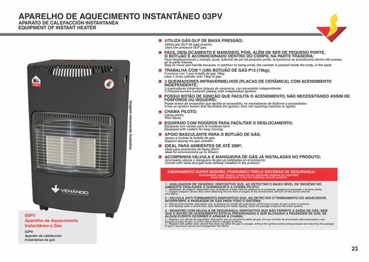 Aquecedor de Ambientes Instantâneo a Gás para Botijão Venâncio