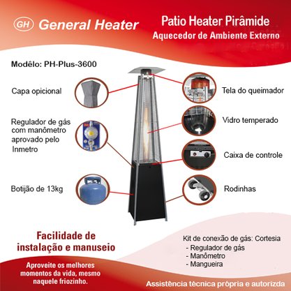 Aquecedor de Ambientes Externos Pirâmide Pátio Heater Plus a Gás GLP General Heater