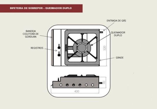 Bifeteira de Sobrepor Gourmet Inox 430 Escovado 32cm Queimador Industrial Duplo Guindani