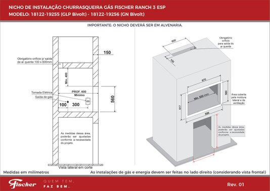 Churrasqueira a Gás Ranch de Bancada ou Embutir com 3 Espetos Rotativos Bivolt Fischer