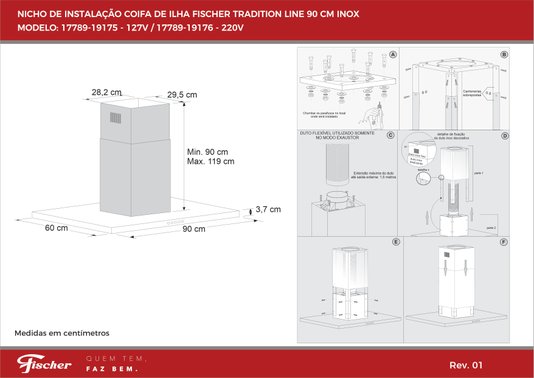 Coifa de Ilha Tradition Line Depurador e Exaustor Inox 90cm 220V Fischer