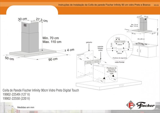 Coifa de Parede Infinity Digital Touch Painel em Vidro Preto 90cm 220V Fischer