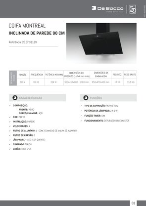 Coifa de Parede Montreal Inclinada Vidro Preto 90cm 220V Debacco