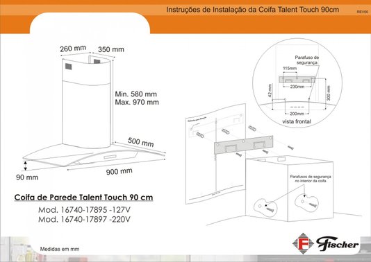 Coifa de Parede Talent Digital Touch Painel de Vidro 90cm 220V Fischer