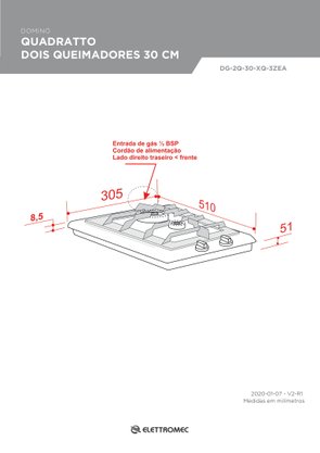Cooktop Dominó Quadratto a Gás 2 Queimadores 30cm Bivolt Elettromec