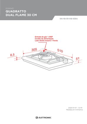 Cooktop Dominó Quadratto Dual Flame 1 Queimador Inox  30cm Bivolt Elettromec