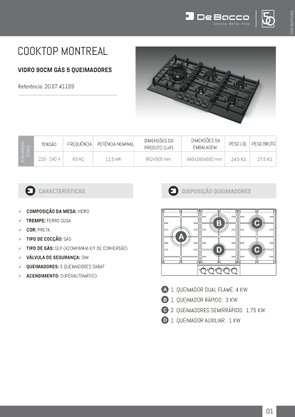 Cooktop Montreal Semiprofissional Mesa de Vidro Preto a Gás 5 Queimadores 90cm 220V Debacco