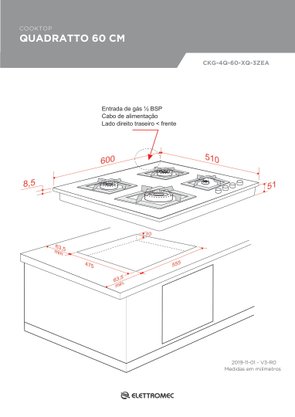 Cooktop Quadratto a Gás 4 Queimadores Tripla Chama 60cm Bivolt Elettromec
