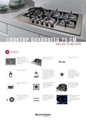 Cooktop Quadratto a Gás 5 Queimadores Tripla Chama 75cm Semi Bivolt Elettromec