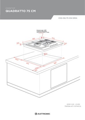 Cooktop Quadratto a Gás 5 Queimadores Tripla Chama 75cm Semi Bivolt Elettromec