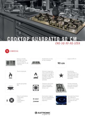Cooktop Quadratto Semiprofissional a Gás 5 Queimadores Tripla Chama 90cm Bivolt Elettromec