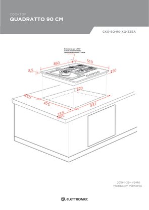 Cooktop Quadratto Semiprofissional a Gás 5 Queimadores Tripla Chama 90cm Bivolt Elettromec
