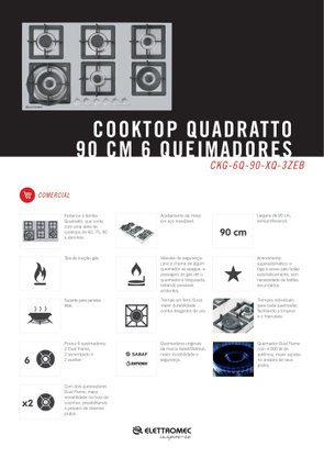 Cooktop Quadratto a Gás 6 Queimadores Tripla Chama 90cm Bivolt Elettromec