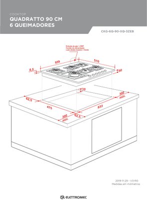 Cooktop Quadratto a Gás 6 Queimadores Tripla Chama 90cm Bivolt Elettromec
