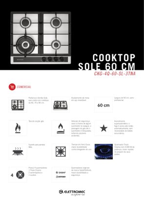 Cooktop Sole a Gás 4 Queimadores 60cm Bivolt Elettromec
