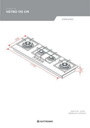 Cooktop Vetro 4 Queimadores 2 Tripla Chamas 110cm Bivolt Elettromec