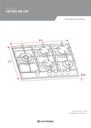 Cooktop Vetro a Gás 5 Queimadores Tripla Chama 90cm Bivolt Elettromec