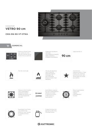 Cooktop Vetro a Gás 5 Queimadores Tripla Chama 90cm Bivolt Elettromec
