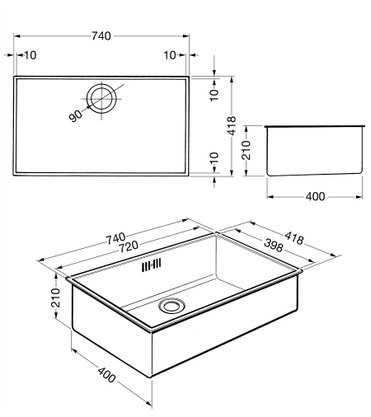 Cuba para Cozinha Única de Embutir Inox 72cm Smeg