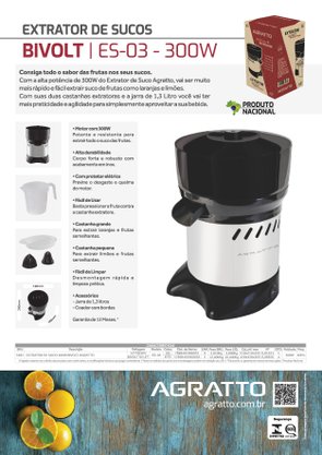 Extrator de Suco Profissional Inox 300W Bivolt Agratto