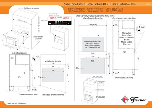 Forno Elétrico Fit Line de Embutir Frontal Inox 44 Litros 220V Fischer