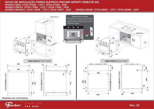 Forno Elétrico Infinity de Embutir com Grill e Dourador 50 Litros Inox 220V Fischer