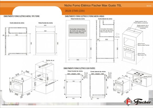 Forno Elétrico Max Gusto de Embutir com Grill e Dourador 70 Litros 220V Fischer