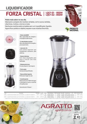 Liquidificador Forza 2 Velocidades Cristal  850W 1,5 Litro 220V Agratto