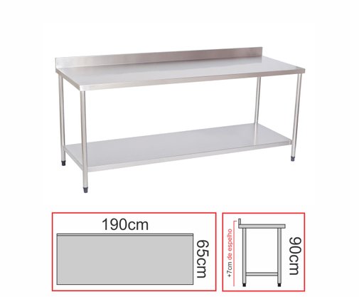 Mesa Lisa de Parede em Aço Inox AISI 200 com Prateleira 190x65x90 Qualinox