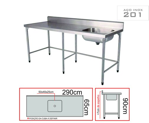 Pia Industrial Contraventada 1 Cuba em Aço Inox AISI 200 290x65x90 Qualinox