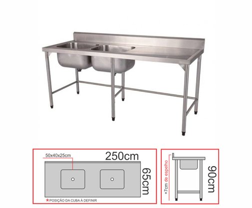 Pia Industrial Contraventada 2 Cubas em Aço Inox AISI 200 250x65x90 Qualinox