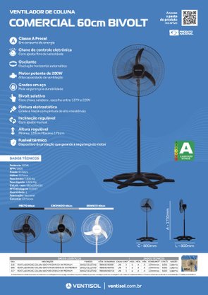Ventilador de Coluna Oscilante Grade Metálica Preto 60cm Bivolt Ventisol