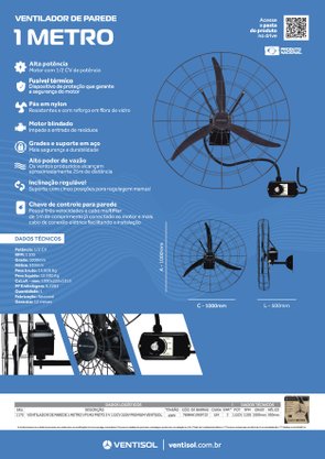 Ventilador de Parede Industrial Alta Vazão Preto 1 Metro 220V Ventisol
