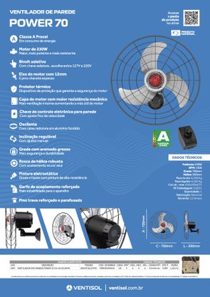 Ventilador de Parede Industrial Power Preto 70cm Bivolt Ventisol