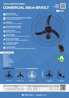 Ventilador de Parede Preto Oscilante 60cm Bivolt Ventisol