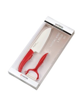 Kit Faca Cerâmica Santoku Ergonomic 5.5" + Descascador Cerâmico Vermelho Kyocera
